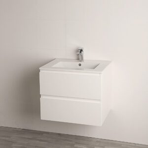 A view of a white floating sink