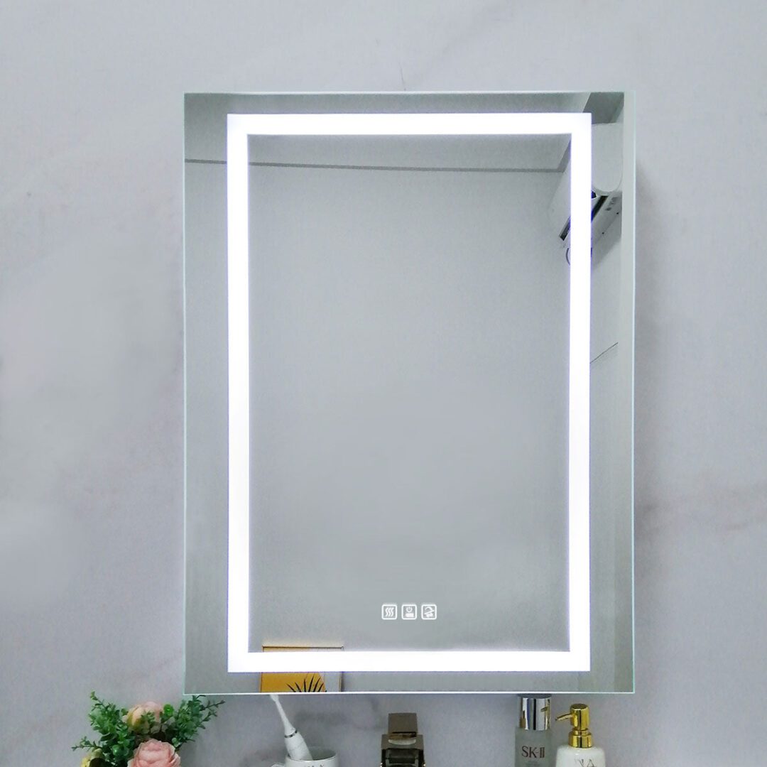 A bathroom mirror and a cabinet