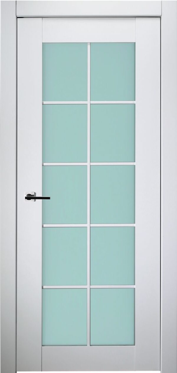 A modern, white smart interior door